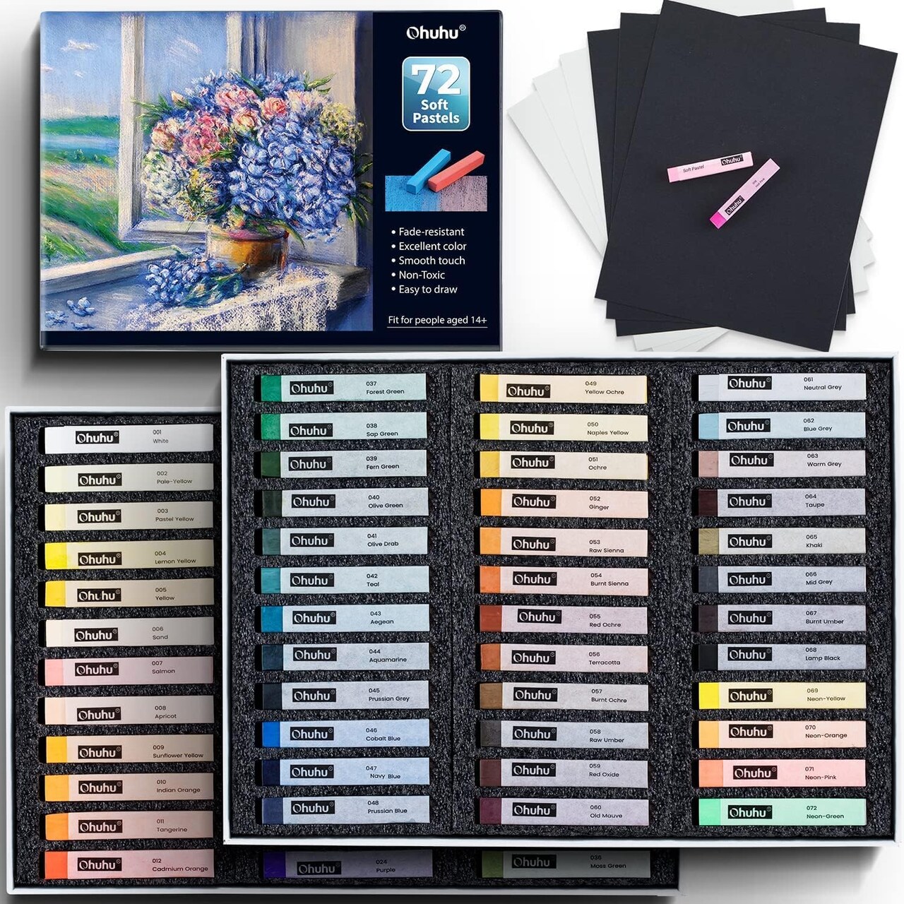 72 Long Chalk Pastel Set: 72 Soft Pastels Markers For Artists 4 Fluorescent Colors With 6 Pastel Papers Included for Drawing Blending Layering Shading Pastels Set